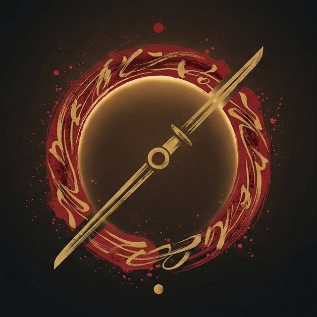 Enso pintado a mano en carmesí y oro, símbolo de RONIN VILIS