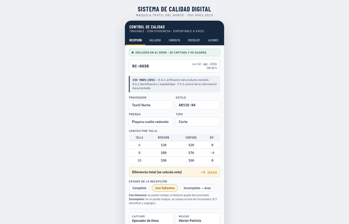 Maqueta del sistema de calidad: recepción de corte con folio, conteo por talla y diferencia calculada